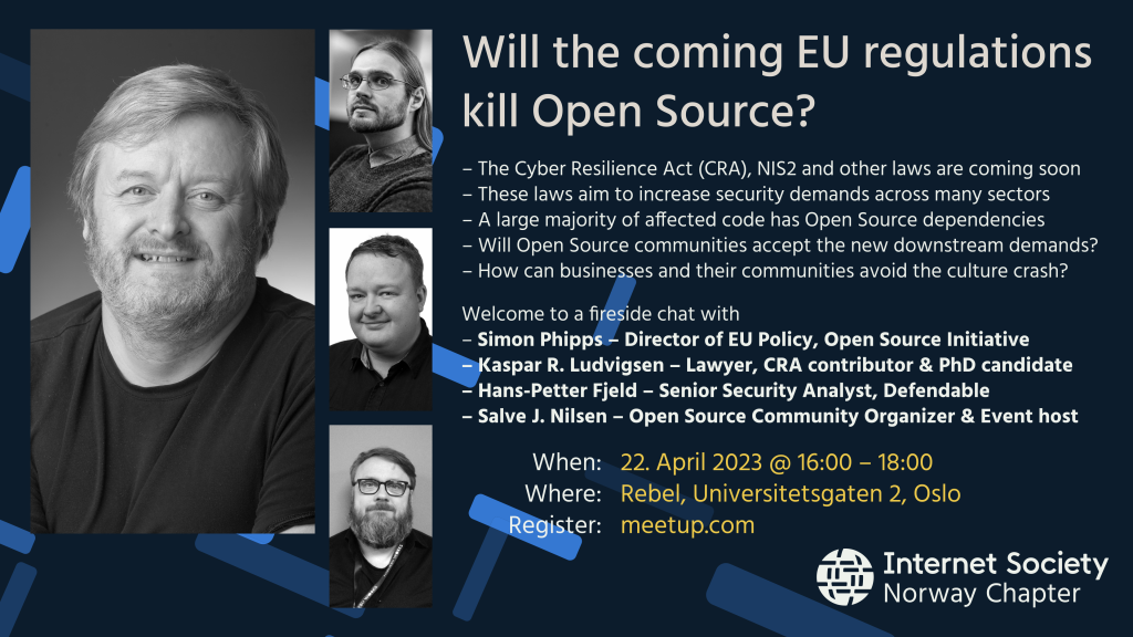 Will the coming EU regulations kill Open Source? Welcome to a fireside chat with Simon Phipps and others, at Rebel.no, on April 22nd 2023, at 16:00